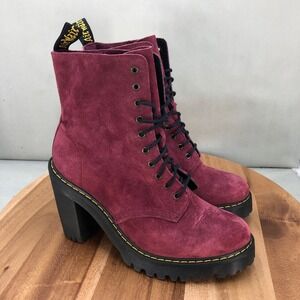 Dr Martens Burgundy Suede Platform Chunky Heel Boots Womens Size 8